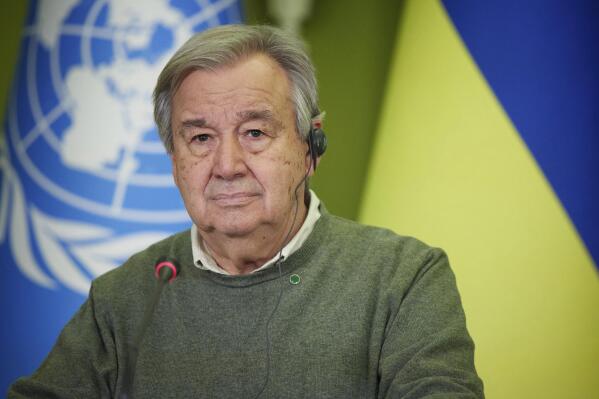 In this image provided by the Ukrainian Presidential Press Office, U.N. Secretary-General Antonio Guterres attend a joint news conference with Ukrainian President Volodymyr Zelenskyy in Kyiv, Ukraine, Thursday, April 28, 2022. (Ukrainian Presidential Press Office via AP)