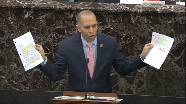 FILE - In this image from video, House impeachment manager Rep. Hakeem Jeffries, D-N.Y., answers a question during the impeachment trial against President Donald Trump in the Senate at the U.S. Capitol in Washington, Jan. 29, 2020. (Senate Television via AP, File)