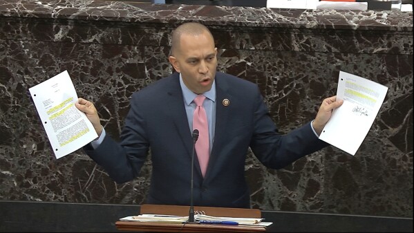 FILE - In this image from video, House impeachment manager Rep. Hakeem Jeffries, D-N.Y., answers a question during the impeachment trial against President Donald Trump in the Senate at the U.S. Capitol in Washington, Jan. 29, 2020. (Senate Television via Ǻ, File)