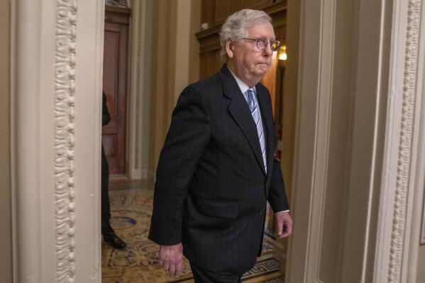 Senate Minority Leader Mitch McConnell, of Ky., arrives for a news conference with members of the Senate Republican leadership, Tuesday, Dec. 6, 2022, on Capitol Hill in Washington. (AP Photo/Jacquelyn Martin)
