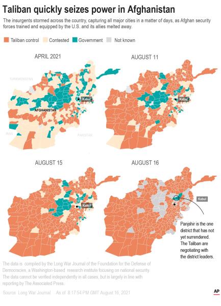 Map shows areas controlled by Taliban.