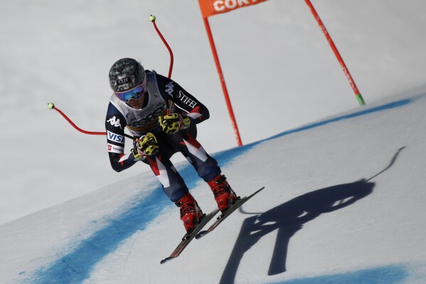 United States' Isabella Wright speeds down the course during an alpine ski, women's World Cup downhill race, in Cortina d'Ampezzo, Italy, Saturday, Jan. 27, 2024. (AP Photo/Gabriele Facciotti)