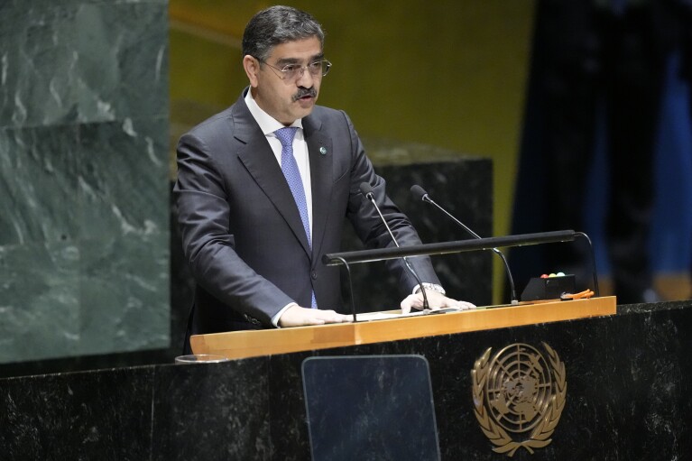 Pakistani Prime Minister Anwaar-ul-Haq Kakar addresses the 78th session of the United Nations General Assembly, Friday, Sept. 22, 2023, at the United Nations headquarters. (AP Photo/Mary Altaffer)