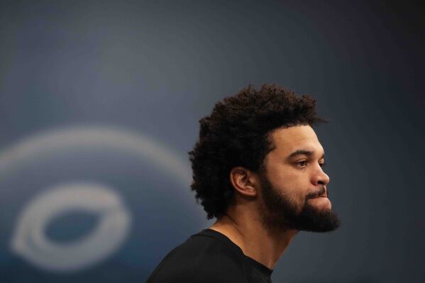 Chicago Bears quarterback Caleb Williams speaks to members of the media at Halas Hall a day after the team's last game of the season against Green Bay, Monday, Jan. 6, 2025, in Chicago. (AP Photo/Erin Hooley)