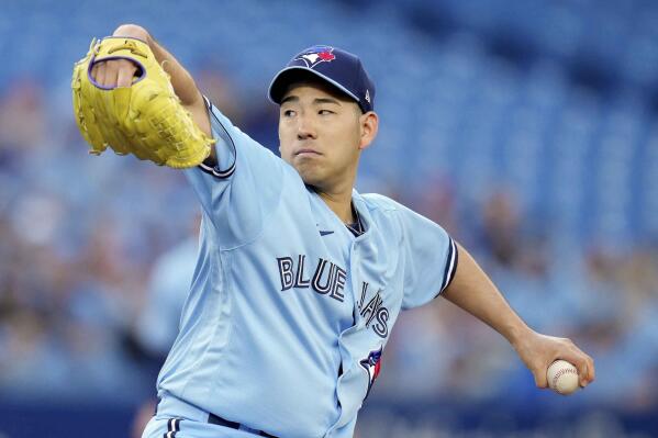 Toronto Blue Jays starting pitcher Yusei Kikuchi (16) throws during the first inning of a baseball game against the Seattle Mariners in Toronto, Monday, May 16, 2022. (Nathan Denette/The Canadian Press via AP)