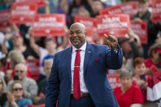 North Carolina Lt. Gov. Mark Robinson arrives for a rally where he announced his candidacy for governor, Saturday, April 22, 2023, at Ace Speedway in Elon, N.C. (Robert Willett/The News & Observer via AP)