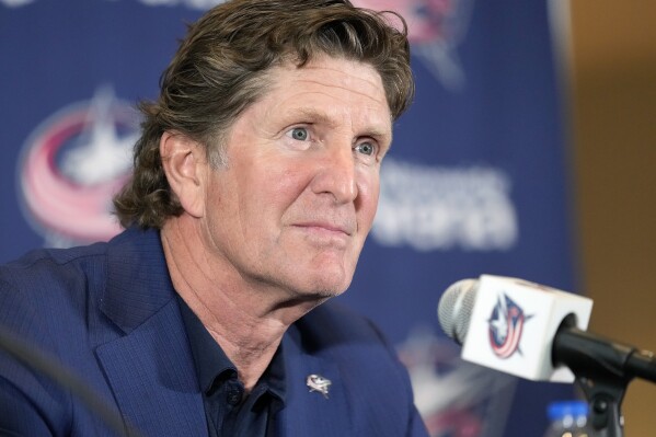 Mike Babcock addresses the media as the Columbus Blue Jackets introduce Babcock as their new head coach during a news conference on Saturday, July 1, 2023 in Columbus, Ohio. (Kyle Robertson/The Columbus Dispatch via AP)