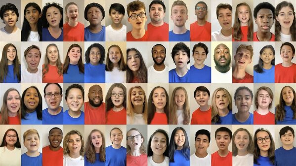 In this image from video, people from across the U.S. sing the National Anthem during the first night of the Democratic National Convention on Monday, Aug. 17, 2020. (Democratic National Convention via AP)