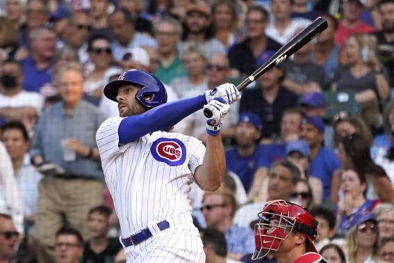 Chicago Cubs' Jake Marisnick watches his home run off Philadelphia Phillies starting pitcher Matt Moore during the second inning of a baseball game Monday, July 5, 2021, in Chicago. (AP Photo/Charles Rex Arbogast)