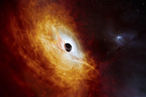 This illustration provided by the European Southern Observatory in February 2024, depicts the record-breaking quasar J059-4351, the bright core of a distant galaxy that is powered by a supermassive black hole. The supermassive black hole, seen here pulling in surrounding matter, has a mass 17 billion times that of the Sun and is growing in mass by the equivalent of another Sun per day, making it the fastest-growing black hole ever known. (M. Kornmesser/ESO via AP)