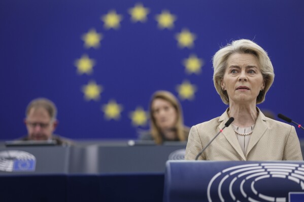 European Commission President Ursula von der Leyen delivers her speech on security and defense at the European Parliament in Strasbourg, eastern France, Wednesday, Feb. 28, 2024. A top European Union official called on Wednesday for a new defense industry strategy to respond to security challenges posed by Russia’s war on Ukraine with the purchase of weapons and ammunition made in Europe at its heart. “European sovereignty is about taking responsibility ourselves for what is vital, and even existential, for us,” Von der Leyen said. (AP Photo/Jean-Francois Badias)