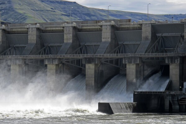 FILE - Water moves through a spillway of the Lower Granite Dam on the Snake River near Almota, Wash., on April 11, 2018. In the clearest sign yet that the U.S. will consider breaching four controversial dams on the Snake River to help salmon, a leaked administration document says the government is prepared to help build clean energy projects that would replace the power currently generated by the dams. (AP Photo/Nicholas K. Geranios, File)