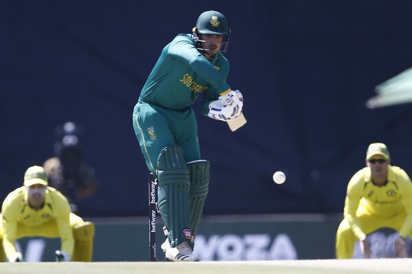 South Africa's Quinton de Kock plays a ball during the fourth ODI between South Africa and Australia in Pretoria, South Africa, Friday, Sept. 15, 2023. (AP Photo)