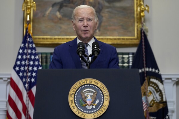 President Joe Biden speaks in the Roosevelt Room of the White House, Sunday, Oct. 1, 2023, in Washington. (AP Photo/Manuel Balce Ceneta)