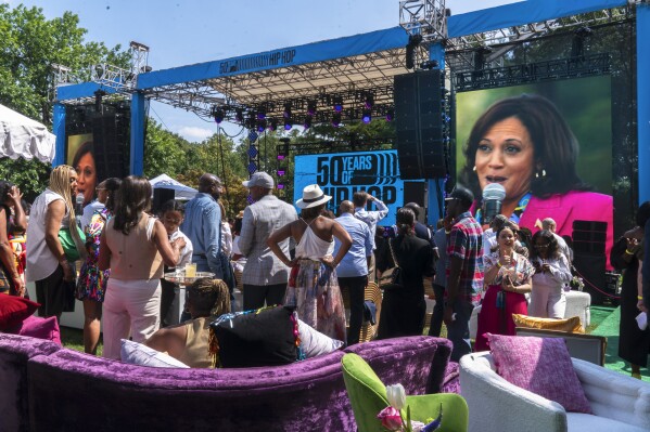 Vice President Kamala Harris is seen on a video monitor as she speaks at a 50th anniversary celebration of hip-hop at the Vice President's residence, Saturday, Sept. 9, 2023, in Washington. (AP Photo/Manuel Balce Ceneta)