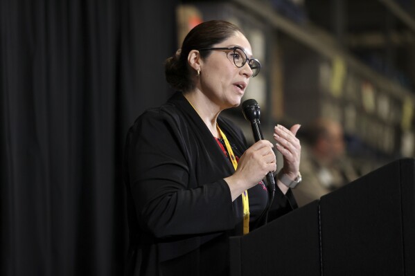 Clark County Registrar of Voters Lorena Portillo speaks during a press conference Wednesday, Nov. 6, 2024, in Las Vegas. (AP Photo/Ian Maule)