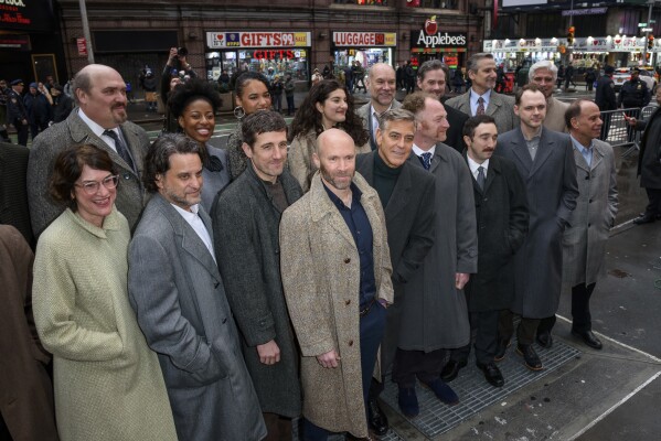 The cast of "Good Night, and Good Luck" appear with George Clooney, front row center, at the Broadway cast announcement at the Winter Garden Theatre on Feb. 6, 2025, in New York. (Photo by Christopher Smith/Invision/AP, File)
