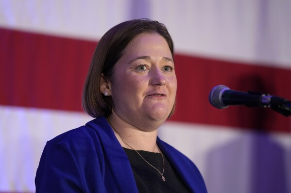 FILE - Iowa Republican Attorney General candidate Brenna Bird speaks during a Republican Party of Iowa election night rally, Nov. 8, 2022, in Des Moines, Iowa. The Iowa attorney general’s office said it is still working on an audit of its victim services that has held up emergency contraception funding for victims of sexual assault despite having a completed draft in hand. (AP Photo/Charlie Neibergall, File)