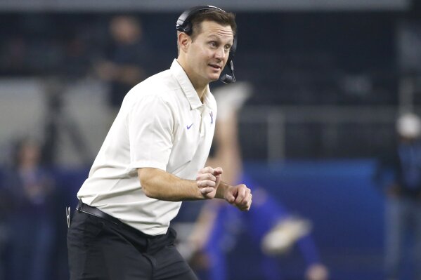 Memphis head coach Ryan Silverfield looks on during the first half against Penn State at the NCAA college football Cotton Bowl game, Saturday, Dec. 28, 2019, in Arlington, Texas. Memphis hopes to finally play their first game in nearly a month, the American Athletic Conference opener Saturday, Oct. 3, 2020, at SMU (3-0). (AP Photo/Ron Jenkins, File)