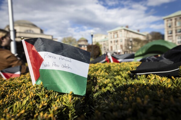 A Palestinian flag is displayed at the pro-Palestinian demonstration encampment at Columbia University in New York on Wednesday April 24, 2024. (AP Photo/Stefan Jeremiah)