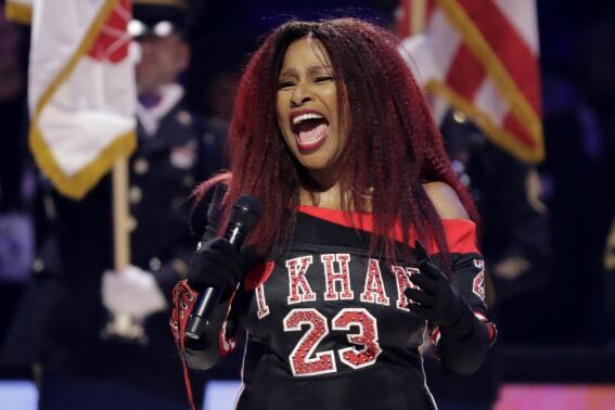 FILE - Chaka Khan sings the national anthem before the NBA All-Star basketball game, on Feb. 16, 2020, in Chicago. Khan will perform at the Boston Pops Fireworks Spectacular in Boston on July 4, 2022. (AP Photo/Nam Huh, File)