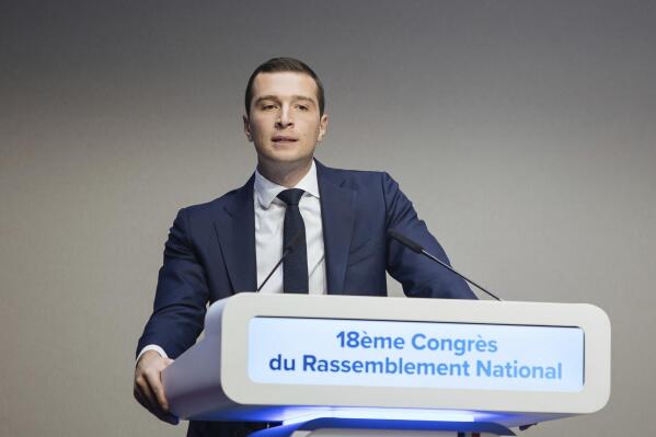 Newly elected chief of the National Rally president Jordan Bardella adresses a speech on stage throughout the celebration congress in Paris, Saturday, Nov. 5, 2022. Jordan Bardella is maybe the most considerable celebration chief outdoors the Le Pen family in a half of-century. (AP Photo/Lewis Joly)