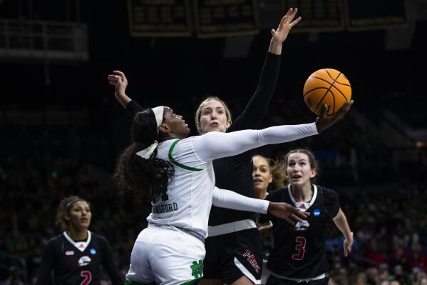 Notre Dame's KK Bransford, center left, drives as Southern Utah's Lizzy Williamson, center right, defends during the second half of a first-round college basketball game in the NCAA Tournament, Friday, March 17, 2023, in South Bend, Ind. (AP Photo/Michael Caterina)
