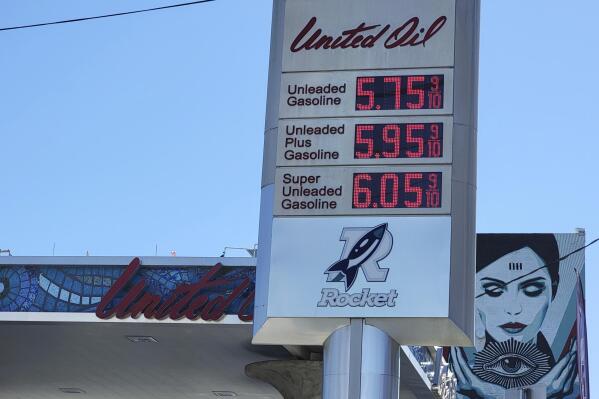 Gas prices are posted at the United Oil gas station in Los Angeles on March 23, 2022. The average U.S. price of a gallon of regular-grade gasoline dropped 6 cents over the past two weeks to $4.37 per gallon. Nationwide, the highest average price for regular-grade gas is in Los Angeles, at $5.99 per gallon. The lowest average is in Tulsa, Okla., at $3.70 per gallon. (AP Photo/Damian Dovarganes)