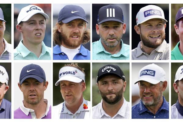 FILE - This combo of file photos shows the 2020 European Ryder Cup golf team. Top row, from left, Paul Casey, Matthew Fitzpatrick, Tommy Fleetwood, Sergio Garcia, Tyrrell Hatton and Viktor Hovland. Bottom row, from left, Shane Lowry, Rory McIlroy, Ian Poulter, Jon Rahm, Lee Westwood and Bernd Wiesberger. The pandemic-delayed 2020 Ryder Cup returns the United States next week at Whistling Straits along the Wisconsin shores of Lake Michigan.  (AP Photo/File)