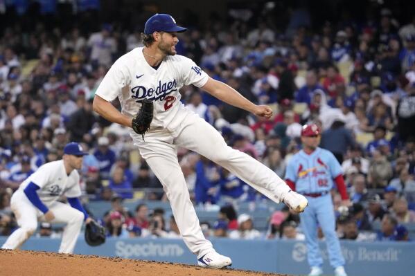 Los Angeles Dodgers starting pitcher Clayton Kershaw throws to the plate during the fifth inning of a baseball game against the St. Louis Cardinals Saturday, April 29, 2023, in Los Angeles. (AP Photo/Mark J. Terrill)