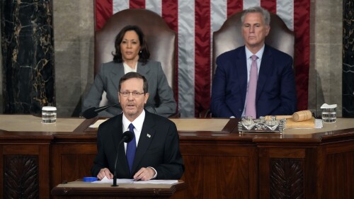 Israeli President Isaac Herzog speaks to a joint session of Congress, Wednesday, July 19, 2023, at the Capitol in Washington, as Vice President Kamala Harris and House Speaker Kevin McCarthy of Calif., look on. (AP Photo/Jacquelyn Martin)