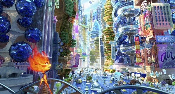 This image released by Disney/Pixar Studios shows Ember, voiced by Leah Lewis, in a scene from the animated film "Elemental." (Disney/Pixar via AP)
