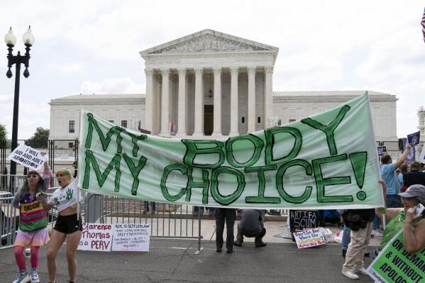 Abortion right activists gather outside the Supreme Court in Washington, Friday, June 24, 2022. The Supreme Court has ended constitutional protections for abortion that had been in place nearly 50 years, a decision by its conservative majority to overturn the court's landmark abortion cases. (AP Photo/Jose Luis Magana)