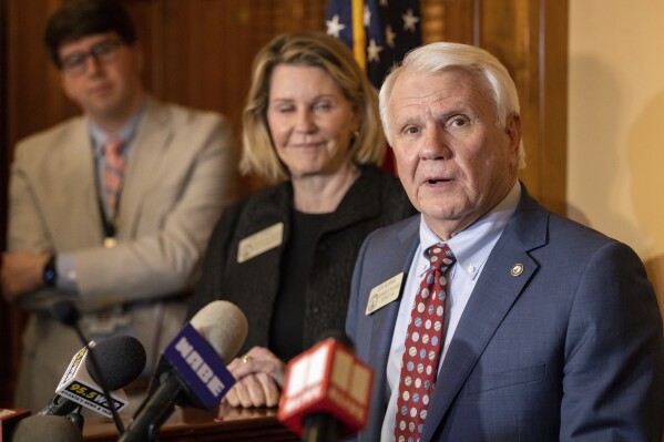 House Speaker Jon Burns, R-Newington, speaks at a news conference following the session at the Capitol in Atlanta on Sine Die, the last day of the legislative session, Thursday, March 28, 2024. (Arvin Temkar/Atlanta Journal-Constitution via AP)