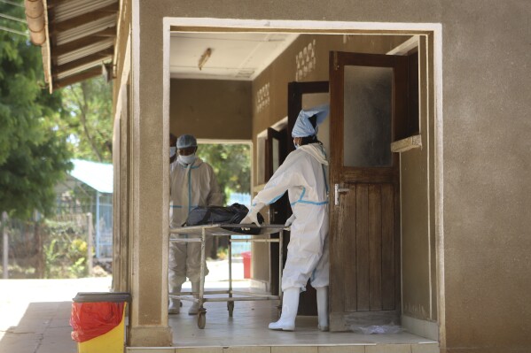 Morgue workers move a body of a victim of a religious cult for burial in Malindi Funeral home in Kilifi, Kenya Tuesday, March. 26, 2024. Kenya government on Tuesday released seven bodies of victims, who died due to starvation to their families for burial. Some 34 bodies, out of the 429 that were exhumed last year, were positively identified. (AP Photo/Andrew Kasuku)