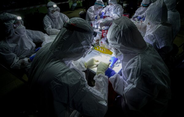 Researchers swap samples from a bat's mouth inside Sai Yok National Park in Kanchanaburi province, west of Bangkok, Thailand, Friday, July 31, 2020. Researchers in Thailand have been trekking though the countryside to catch bats in their caves in an effort to trace the murky origins of the coronavirus. (AP Photo/Sakchai Lalit)
