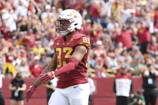 FILE - Iowa State tight end DeShawn Hanika walks on the field during an NCAA college football game, Sept. 17, 2022, in Ames, Iowa. A Story County judge granted the prosecution's motion on Monday, Oct. 2, 2023, to dismiss a misdemeanor tampering with records charge against Hanika after the state waited too long to indict him. (AP Photo/Justin Hayworth, File)