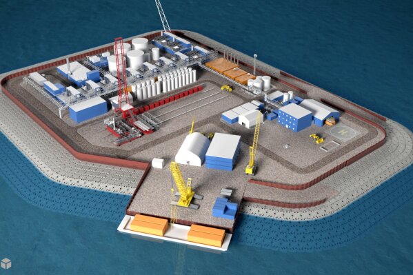 
              FILE - This undated illustration provided by Hilcorp Alaska Inc. shows a model of an artificial gravel island of the Liberty Project, a proposal to drill in Arctic waters from the artificial island. The first oil and gas production wells in federal Arctic waters have been approved by U.S. regulators. The Bureau of Ocean Energy Management on Wednesday, Oct. 24, 2018, announced it issued a conditional permit for the Liberty Project, a proposal by a subsidiary of Houston-based Hilcorp for production wells on an artificial island in the Beaufort Sea.(Hilcorp Alaska Inc. via AP, File)
            