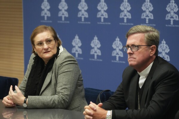 Silvia Correale, Postulator of the Cause of Canonization, and Jorge Ignacio Garcia Cuerva, Archbishop of Buenos Aires, meet the journalists to present the canonization of beatified Maria Antonia de Paz y Figueroa, first Argentine saint, at the Vatican, Thursday, Feb. 8, 2024. Pope Francis is scheduled to preside over the Eucharistic Celebration and the Rite of the canonization of Maria Antonia of Maria Antonia de Paz y Figueroa, in St. Peter's Basilica, Sunday, Feb. 11, 2024. (AP Photo/Gregorio Borgia)