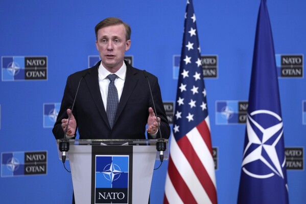 United States National Security Advisor Jake Sullivan addresses a media conference at NATO headquarters in Brussels, Wednesday, Feb. 7, 2024. (APPhoto/Virginia Mayo)