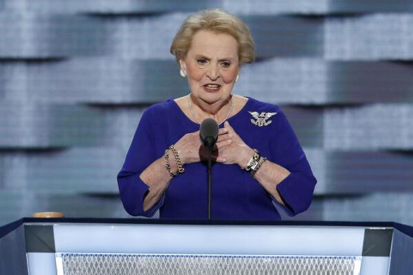 FILE - Former Secretary of State Madeleine Albright speaks during the second day of the Democratic National Convention in Philadelphia, July 26, 2016. Albright has died of cancer, her family said Wednesday, March 23, 2022.  (AP Photo/J. Scott Applewhite, File)