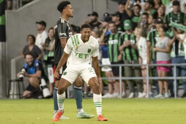Austin FC forward Orrin McKinze Gaines II reacts after scoring his first goal as an Austin FC player during the second half of an MLS soccer match against the LA Galaxy, Sunday, Sept. 26, 2021, in Austin, Texas. Austin FC won 2-0. (AP Photo/Michael Thomas)