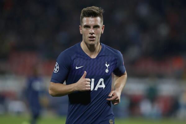 FILE - Tottenham's Giovani Lo Celso is seen during his team's Champions League group B soccer match against Red Star at the Rajko Mitic stadium in Belgrade, Serbia, Wednesday, Nov. 6, 2019. Lo Celso is returning to Villarreal on another loan from Tottenham, the Spanish club said Sunday, Aug. 14, 2022. (AP Photo/Marko Drobnjakovic, File)