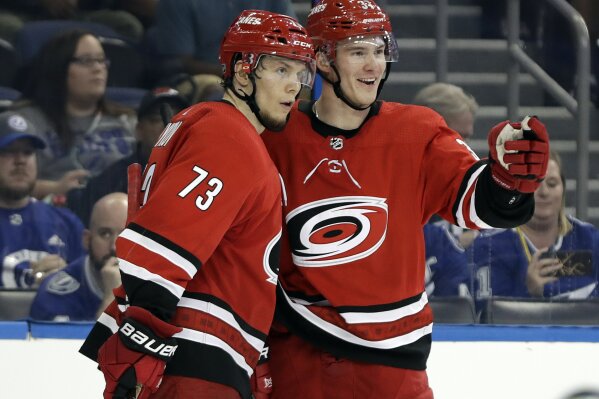 
              Carolina Hurricanes right wing Andrei Svechnikov, right, celebrates his goal against the Tampa Bay Lightning with left wing Valentin Zykov during the third period of an NHL preseason hockey game Tuesday, Sept. 18, 2018, in Tampa, Fla. Carolina won 4-1. (AP Photo/Chris O'Meara)
            