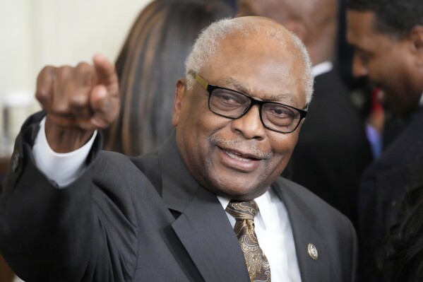 FILE - Rep. James Clyburn, D-S.C., arrives before President Joe Biden speaks at an event to celebrate Black History Month, Monday, Feb. 27, 2023, in the East Room of the White House in Washington. Rep. James E. Clyburn is working on a history book that he also calls a “passion project.” He is telling the story of the eight Black congressmen who represented South Carolina in the decades immediately following the Civil War. (AP Photo/Alex Brandon, File)