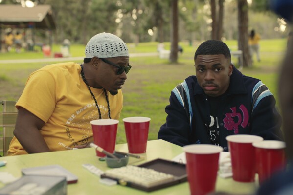 This image released by Netflix shows Kareem Grimes as Uncle Mike and Vince Staples as Vince Staples in an episode of "The Vince Staples Show." (Netflix via AP)