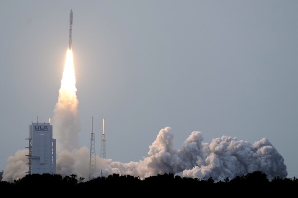 A United Launch Alliance Atlas V rocket with a payload of 27 of Amazon's Project Kuiper internet satellites lifts off from Launch Complex 41 at the Cape Canaveral Space Force Station, Monday, April 28, 2025, in Cape Canaveral, Fla. (AP Photo/John Raoux)