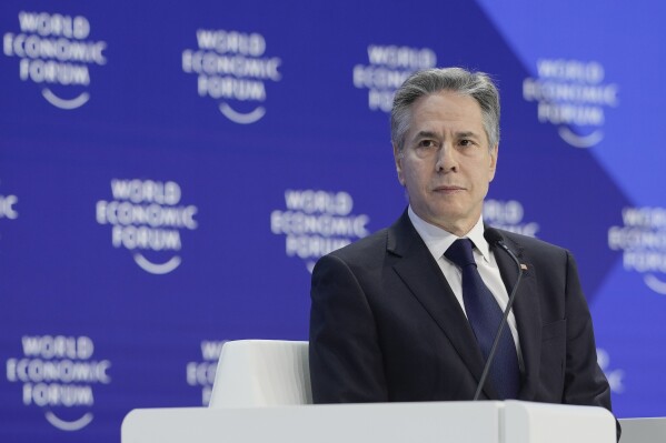 U.S. Secretary of State Antony Blinken pauses during his speech at the Annual Meeting of World Economic Forum in Davos, Switzerland, Wednesday, Jan. 17, 2024. The annual meeting of the World Economic Forum is taking place in Davos from Jan. 15 until Jan. 19, 2024.(AP Photo/Markus Schreiber)