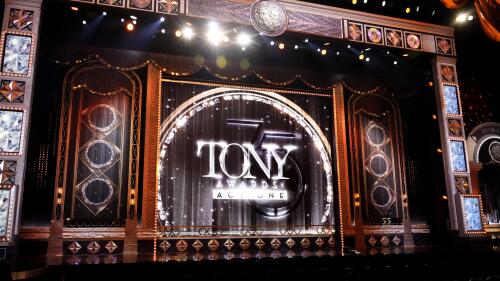 FILE - The stage appears before the start of the 75th annual Tony Awards on June 12, 2022 in New York. The 76th Annual Tony Awards will broadcast live from the United Palace in New York on Sunday, June 11, 2023. (Photo by Charles Sykes/Invision/AP, File)