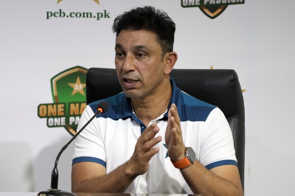 Newly appointed Assistant Coach for Pakistan Cricket team Azhar Mahmood speaks during a news conference in Lahore, Pakistan, Sunday, April 28, 2024. The Pakistan Cricket Board has appointed Gary Kirsten and Jason Gillespie to two-year terms as head coaches in white-ball and red-ball cricket, respectively, on Sunday. (AP Photo/K.M. Chaudary)